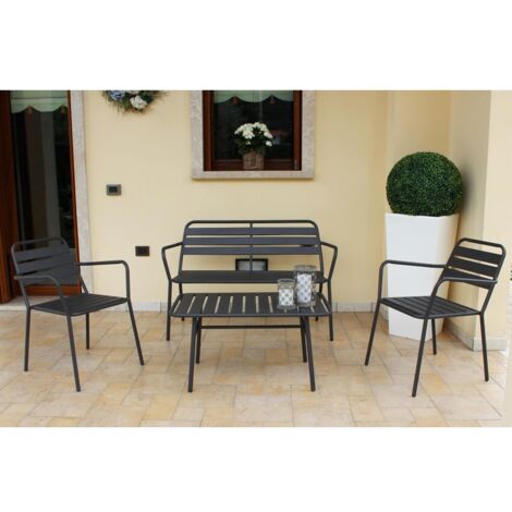 Abitare – Salon de jardin 2 places en fer gris anthracite – Table L 90 x P 45 x H 50 cm – Chaises L 58 x P 64 x H 80 cm – Canapé L 123 x P 64 x H 80 cm