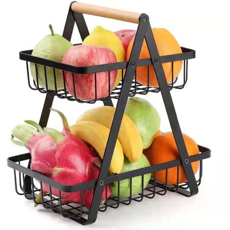 Abnehmbarer, zweistöckiger Aufbewahrungskorb aus Eisen und Holz für Obst und Gemüse, Büro, Küche, Wohnzimmer, Schwarz