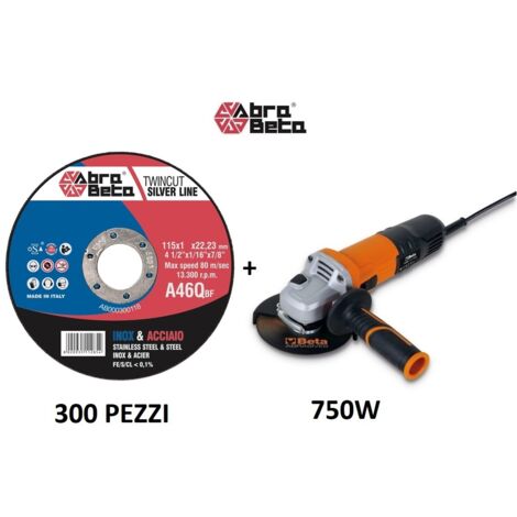 Abrabeta AB000300300 Kit Box Dischi da taglio 115x1mm 300 Pz A46Q + Smerigliatrice Beta 750W