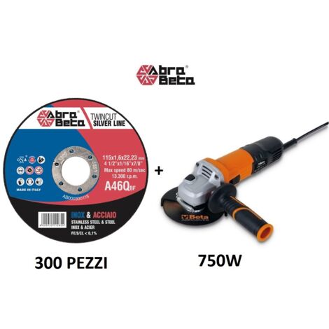 Abrabeta AB000300301 Kit Box Dischi da taglio 115x1,6mm 300 Pz A46Q + Smerigliatrice Beta 750W