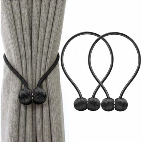 Abrazaderas magnéticas para cortinas, paquete de 2, con ganchos de bola y presillas de cuerda (negro)