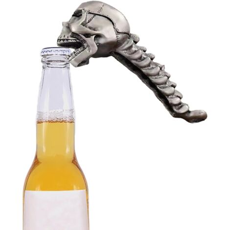 Abrebotellas con forma de calavera, fabricado en acero inoxidable resistente, con mango ergonómico, un accesorio esencial para fiestas y camareros.