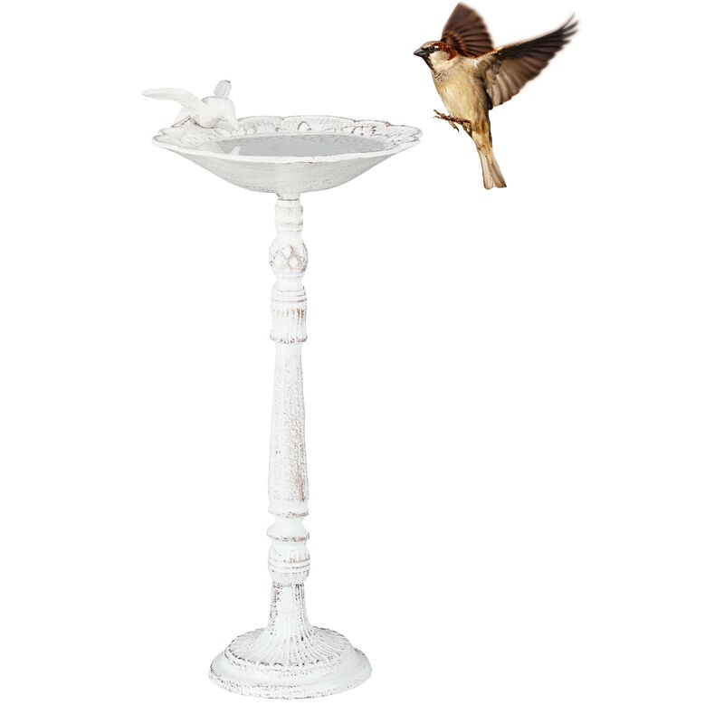Abreuvoir oiseaux, fonte de fer, décoration jardins, style antique, mangeoire sur pied, 40 cm de haut, blanc - Relaxdays