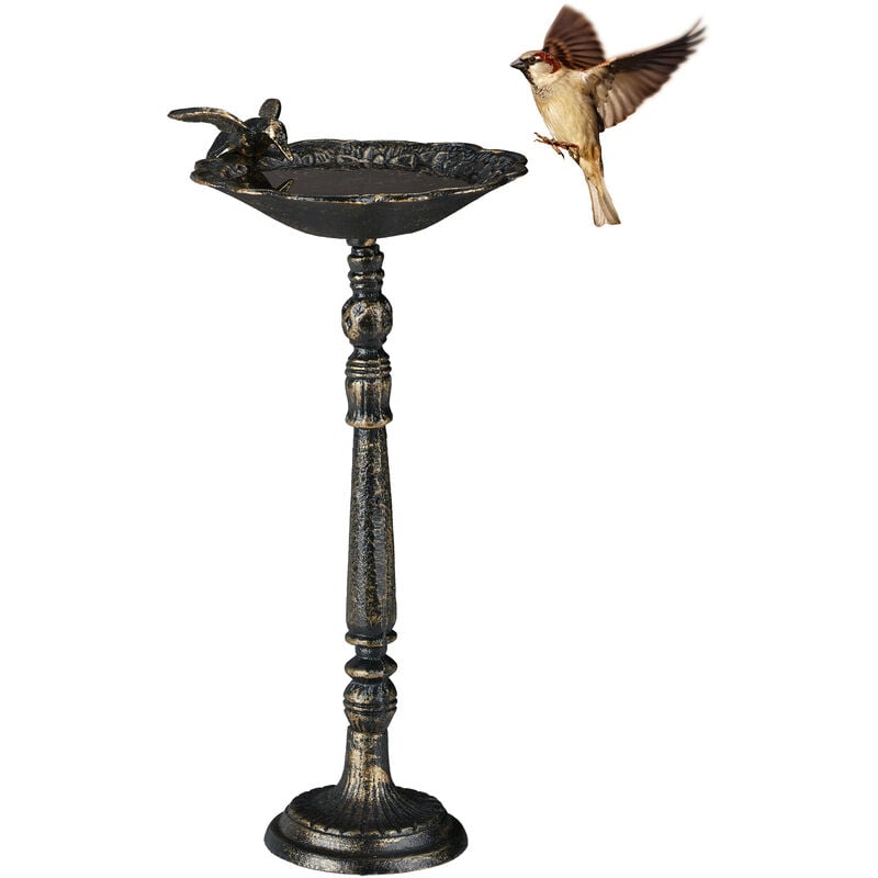 Abreuvoir oiseaux, fonte de fer, décoration jardins, style antique, mangeoire sur pied, 40 cm de haut, bronze - Relaxdays