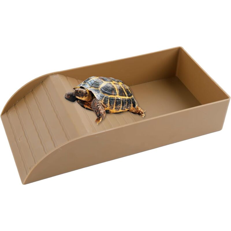 Abreuvoir Tortue Terrestre, Baignoire pour Reptiles avec Rampe, Bol à Eau pour Tortue, Lézard, Amphibien (Marron, 30.5×15×6cm)