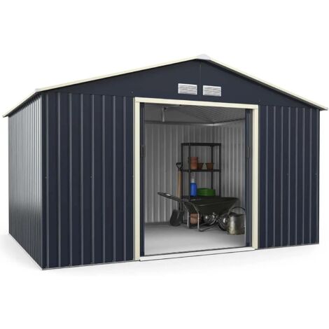 Abri à outils en métal 340 x 255 x 210 cm, hangar à outils verrouillable avec 4 évents et porte coulissante, hangar de jardin pour vélos de tondeuse à gazon