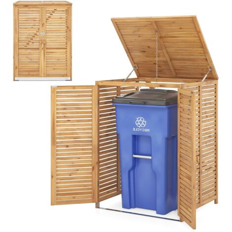 Abri à Poubelles en Bois, Cache Poubelle 120 L, Abris Poubelles de Jardin avec Couvercle Ouvrant, Doubles Portes & Verrou Verrouillable, 86 x 70 x 114 cm