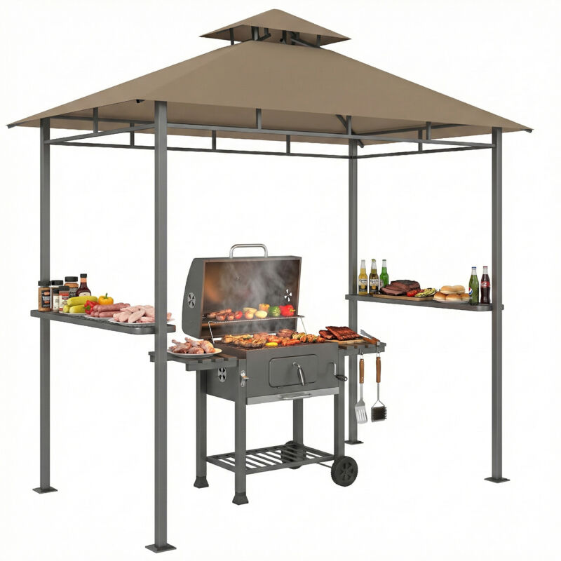 Abri barbecue extérieur - Outsunny - double toit, 2 étagères latérales - cadre en métal - 245x146x255cm - marron