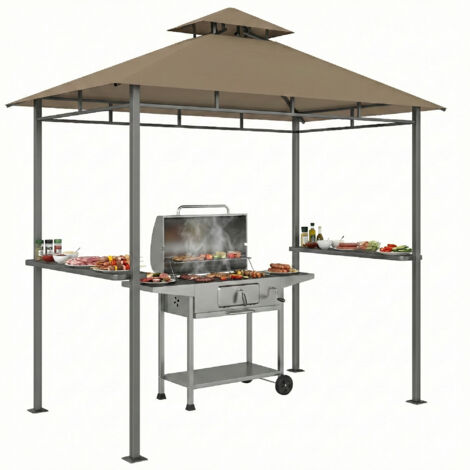 Abri barbecue extérieur tonnelle jardin 245x146x255cm métal double toit 2 étagères latérales marron