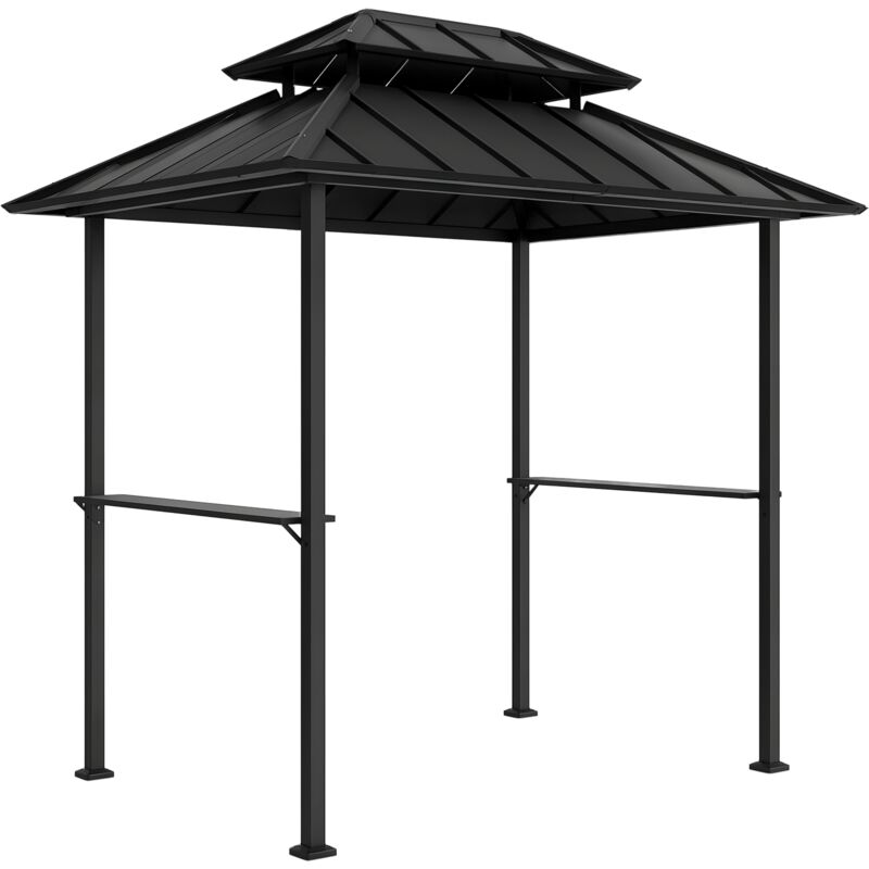 Abri barbecue pavillon de barbecue double-toit métal - 2 étagères latérales, crochet haut - noir