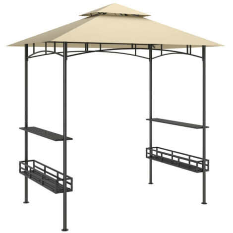 Abri BBQ 240x150x257cm – Pavillon Jardin Imperméable Ignifuge, Double Toit, Étagères, Protection UV, Acier, Beige