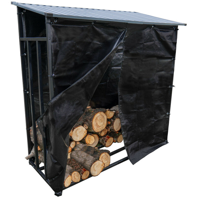 Oxeo - Abri bois de chauffage bûches Extérieur - capacité 3 stères - Longueur 186 cm - Toit incliné en tôle - Bâche de protection zippé