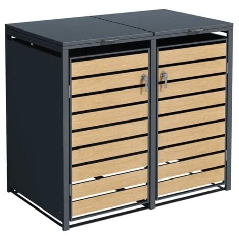 TRIGANO Abri cache poubelle double - 2x 240L - anthracite/imitation bois en acier