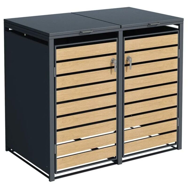Abri cache poubelle double - 2x 240L - anthracite/imitation bois en acier