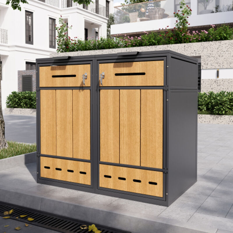 Abri cache-poubelles double 2 bacs 120 à 240 L en acier gris et effet bois, couvercle relevable, portes avant, ventilé