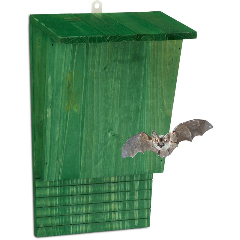 Abri à chauves-souris, large refuge pour chauvesouris, HxLxP : 37 x 22 x 12,5 cm, nichoir, bois, vert - Relaxdays