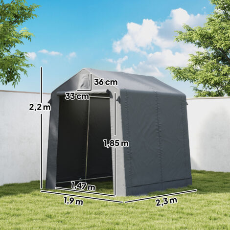 Abri de garage 2,3 x 1,9 m, abri de rangement imperméable avec barre de suspension, porte zippée, ventilation, toit à deux pans, gris foncé