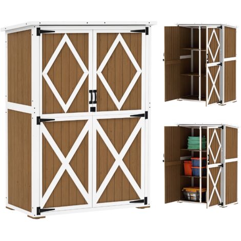 Abri de jardin 0,55m² 116,5x57x159/167cm, 2 étagères, 2 portes verrouillables, pieds réglables, toit bitume, sapin, brun et blanc