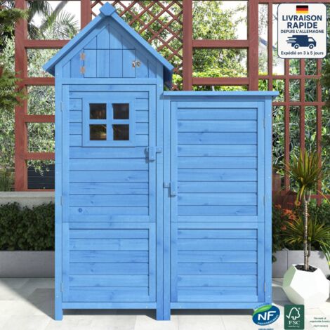 Abri de jardin 118x54x173cm avec 2 portes, armoire à outils de jardin, bois, bleu