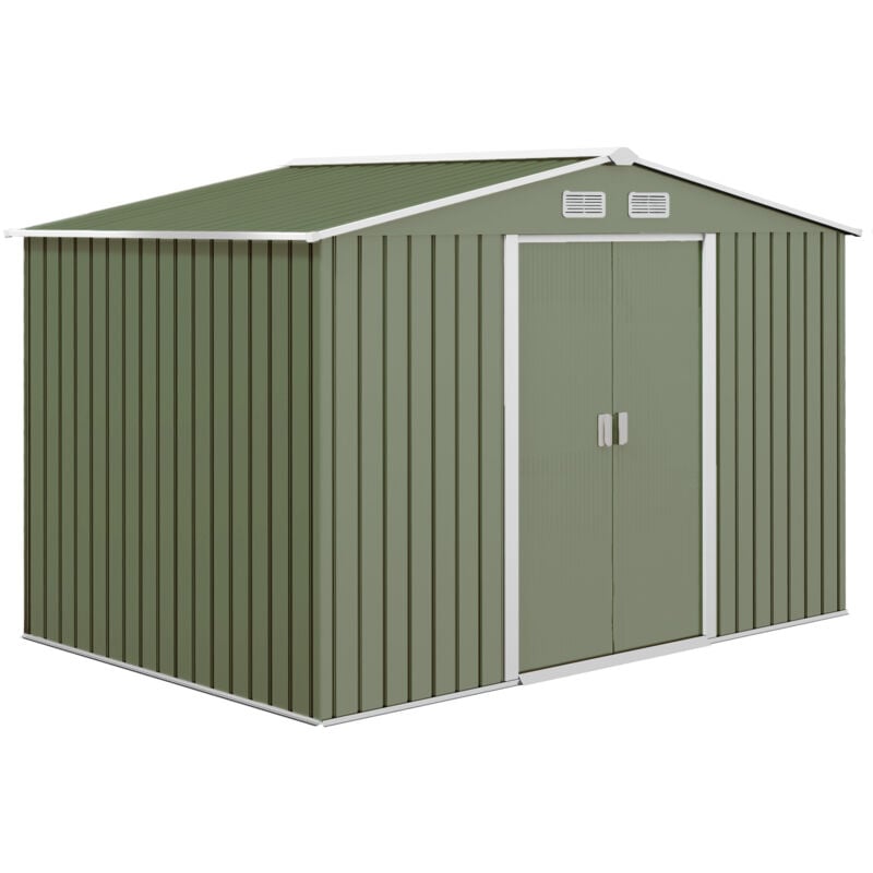 Abri de jardin - remise pour outils - cabanon double porte coulissante - fondation incluse - dim. 277L x 191l x 192H cm - tôle d'acier ondulée vert
