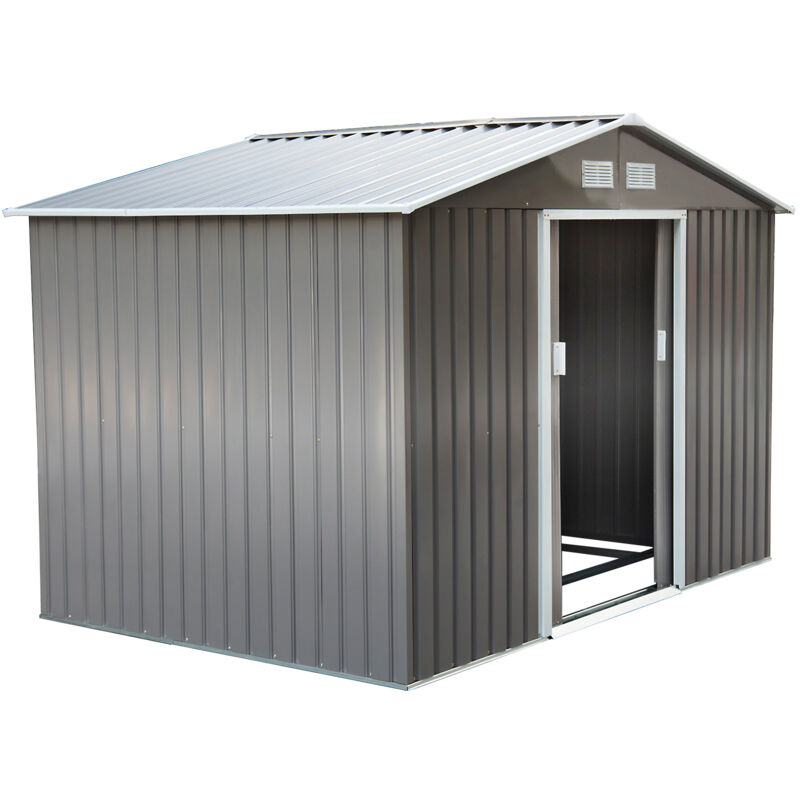 Abri de jardin - remise pour outils - cabanon double porte coulissante - fondation incluse - dim. 277L x 191l x 192H cm - tôle d'acier ondulée grise