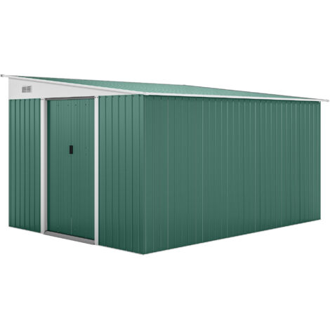 Abri de Jardin 8.9m² en Acier Galvanisé avec 2 Vents, Cabane de Rangement avec Toit Incliné, Double Portes Coulissantes Verrouillables et Gants, 280x345x169/201cm, Vert