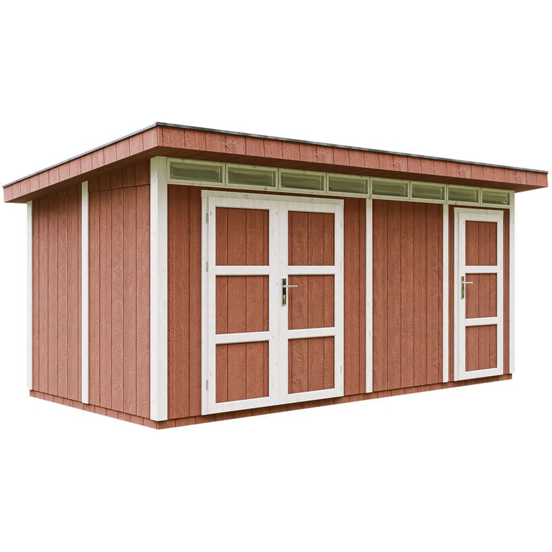 Timbela - Abri de Jardin Qualité Premium 8.52+2.95 m² - Kit tout compris avec sol, tuiles bitumineuses, set de peinture-LP Smartside M905C redwood red