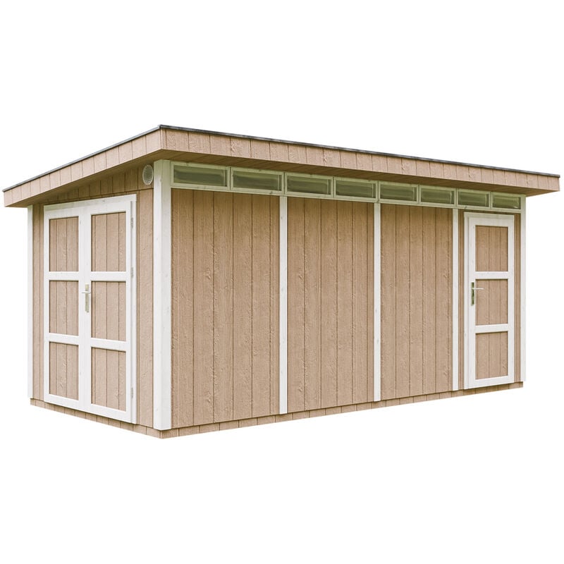 Timbela - Abri de Jardin Qualité Premium 8.52+2.95 m² - Kit tout compris avec sol, tuiles bitumineuses, set de peinture-LP Smartside M905C terra brown