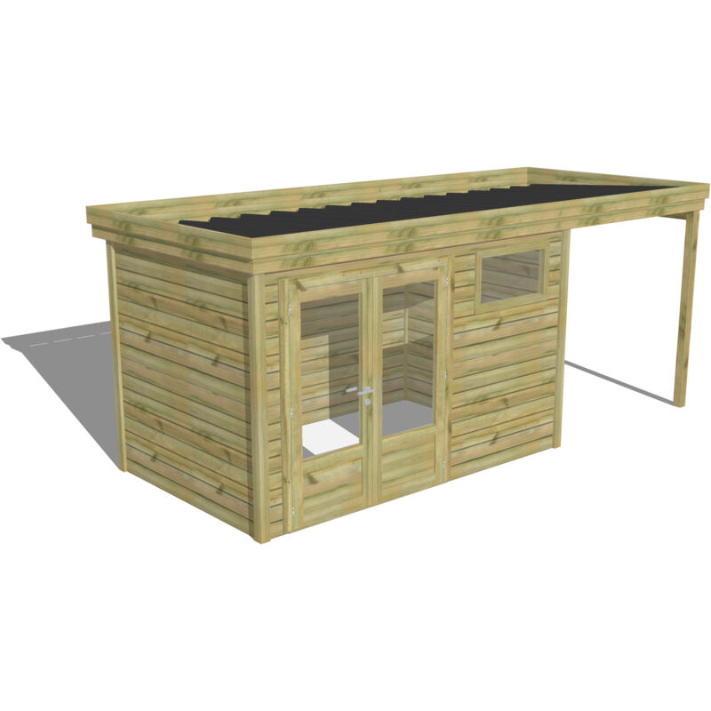 Abri Français - ABRI DE JARDIN en Bois - 13,4m2 - 5,56x2,41m - Pin Sylvestre traité Autoclave avec : une Porte double - une Fenêtre - une extension