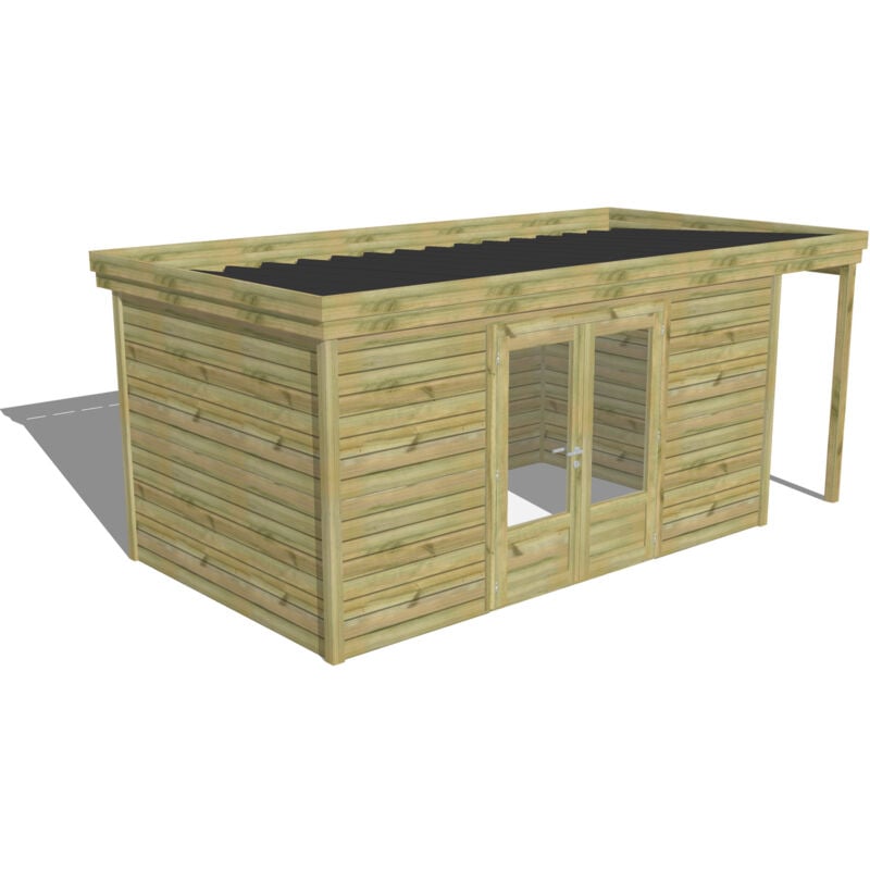 Abri Français - abri de jardin bois Pin autoclave 27mm - 5,34x2,64m / 14,1m2 - Bac acier