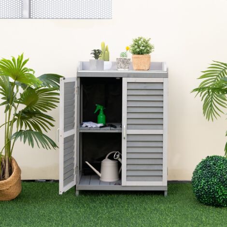 Abri de Jardin avec 2 Portes Magnétiques Étagère et Plateau en Métal Plaqué Cabane de Rangement en Bois de Sapin 67 x 47 x 100 cm Gris