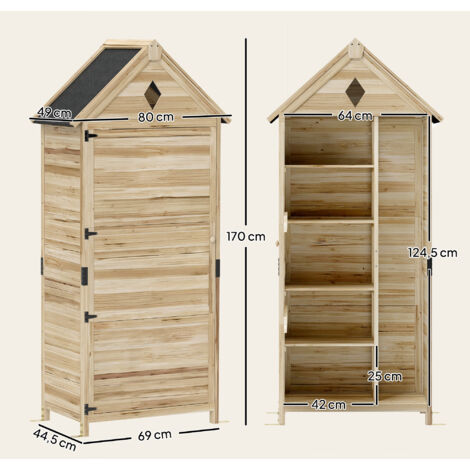 Abri de jardin avec 4 étagères, abri de rangement en bois, toit en asphalte étanche, 80 x 49 x 170 cm, marron clair