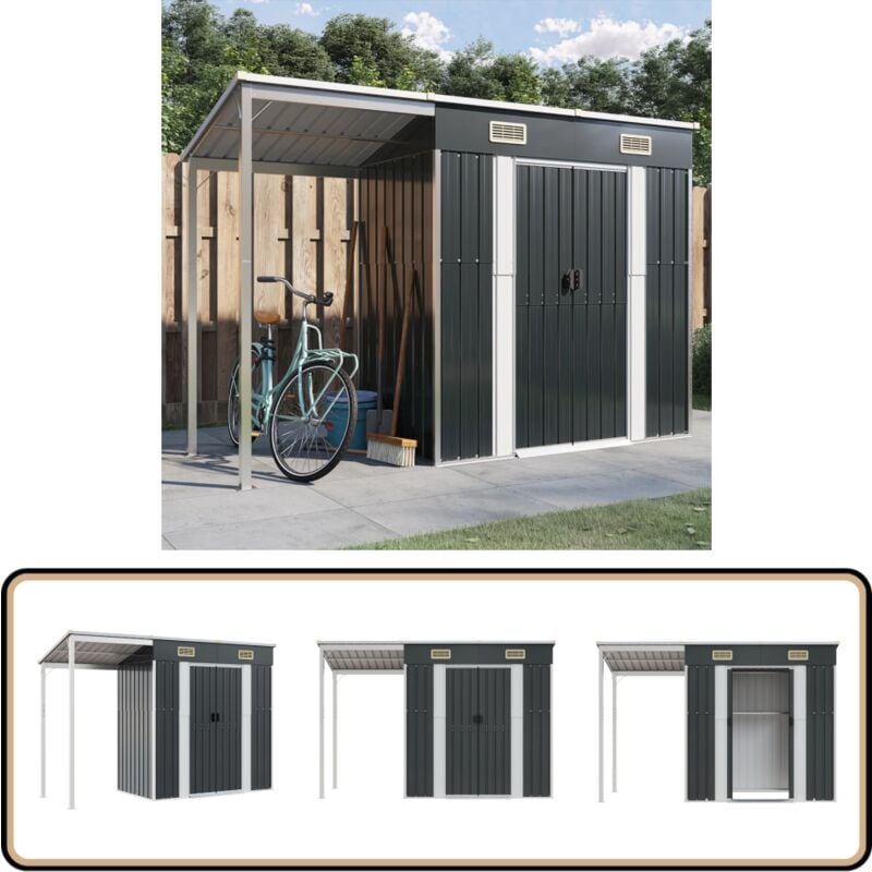 Abri de jardin avec toit prolongé anthracite 277x110,5x181 cm - Abri De Jardin - Abri Métallique - Rangement Extérieur - Stockage Jardin - Outillage