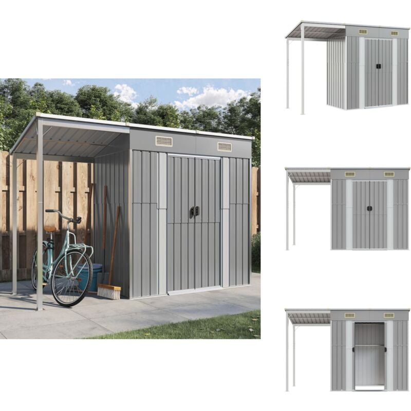 Abri de jardin avec toit prolongé gris clair 277x110,5x181 cm - Abri De Jardin - Abri Métallique - Stockage Exterieur - Rangements Jardin - Outillage