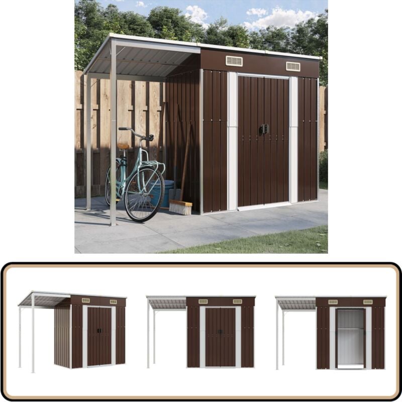 Abri de jardin avec toit prolongé marron 277x110,5x181 cm acier - Abri De Jardin - Abri Métallique - Stockage Extérieur - Rangement Jardin - Outillage