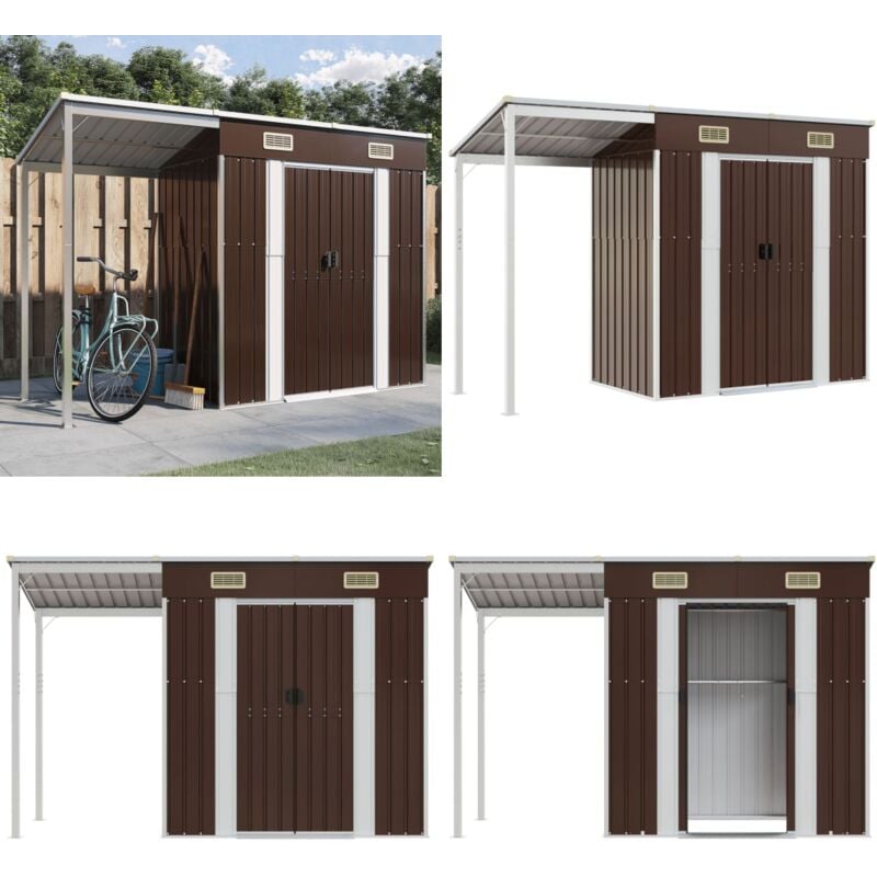 Abri de jardin avec toit prolongé marron 277x110,5x181 cm acier - Abri De Jardin - Abri Métallique - Stockage Extérieur - Rangement Jardin