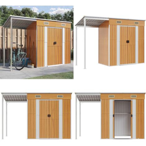Abri de jardin avec toit prolongé marron clair 277x110,5x181 cm - Abri De Jardin - Abri Métallique - Rangement Extérieur - Stockage Outil - Cabane Jardin - Home & Living
