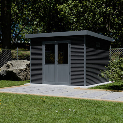 Abri de jardin bois composite 28mm – 9m² – Dimensions extérieures 333x326cm – Toit simple pente – Finition moderne gris