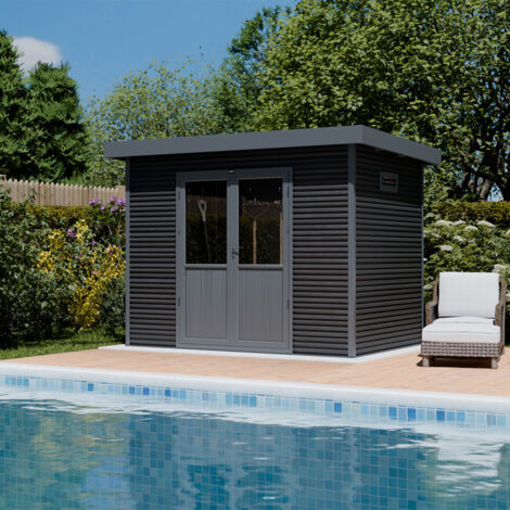 Abri de jardin bois composite 28mm – Surface 6m² – Dimensions 333x225x237cm – Toit simple pente – Accès double porte 198,5x148,5cm