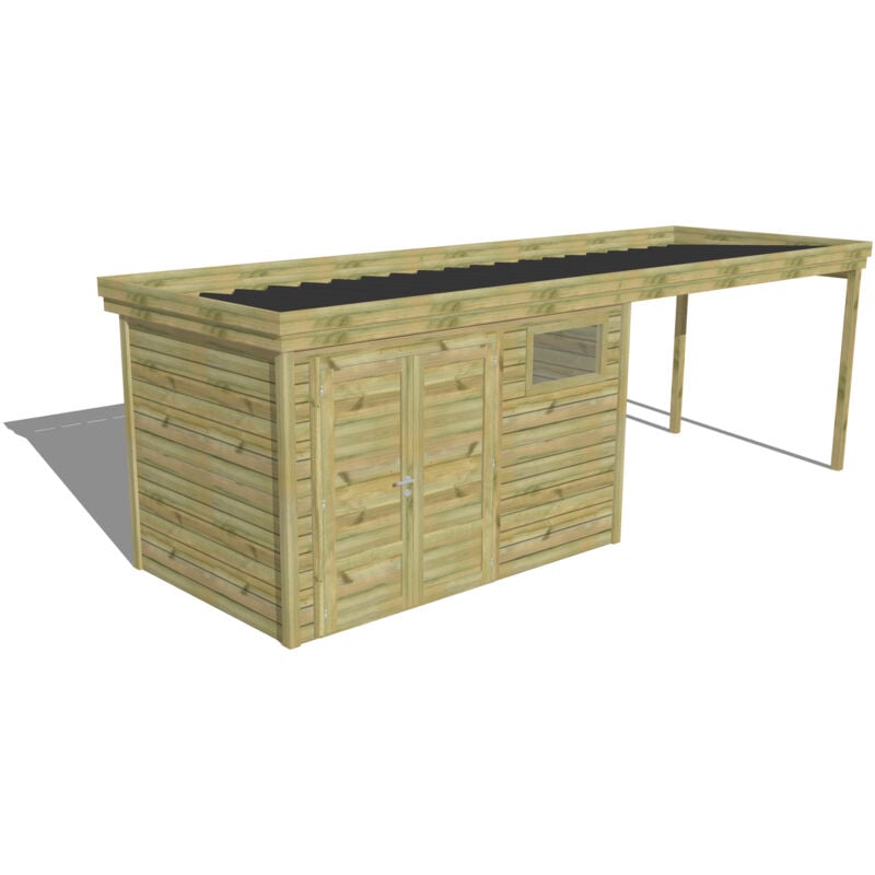 Abri Français - abri de jardin bois Pin autoclave 27mm - 6,94x2,14m / 14,9m2 - Bac acier