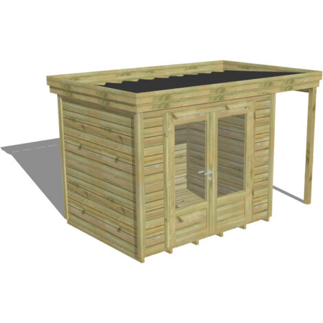 ABRI DE JARDIN bois Pin autoclave 27mm - 3,64x2,14m / 7,8m2 - Bac acier - Plancher bois