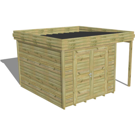 ABRI DE JARDIN bois Pin autoclave 27mm - 3,64x3,44m / 12,5m2 - Bac acier - Plancher bois