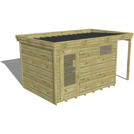 ABRI DE JARDIN bois Pin autoclave 27mm - 4,44x2,64m / 11,7m2 - Bac acier - Plancher bois