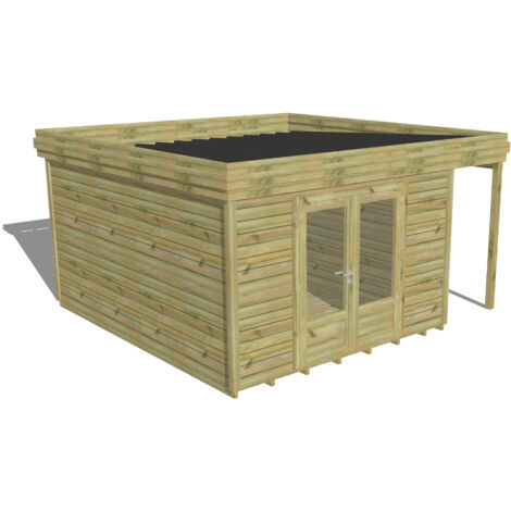 ABRI DE JARDIN bois Pin autoclave 27mm - 4,44x4,34m / 19,3m2 - Bac acier - Plancher bois