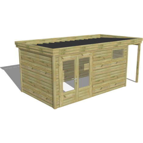 ABRI DE JARDIN bois Pin autoclave 27mm - 5,34x2,64m / 14,1m2 - Bac acier - Abri Français