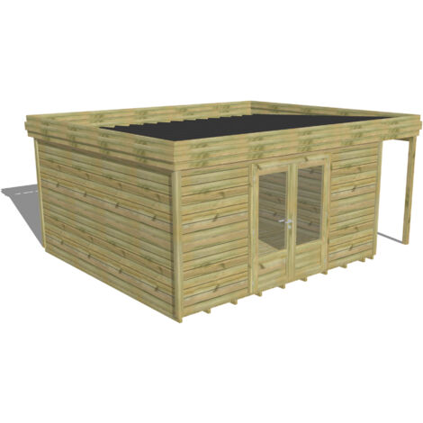 ABRI DE JARDIN bois Pin autoclave 27mm - 5,34x4,34m / 23,2m2 - Bac acier - Plancher bois