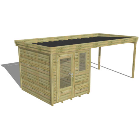 ABRI DE JARDIN bois Pin autoclave 27mm - 5,64x2,64m / 14,9m2 - Bac acier - Plancher bois