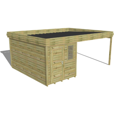 ABRI DE JARDIN bois Pin autoclave 27mm - 5,64x4,34m / 24,5m2 - Bac acier - Plancher bois