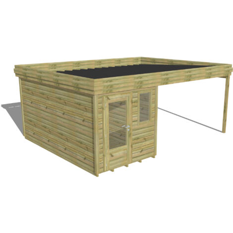 ABRI DE JARDIN bois Pin autoclave 27mm - 5,64x4,34m / 24,5m2 - Bac acier - Plancher bois
