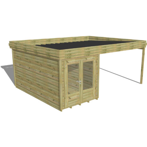 ABRI DE JARDIN bois Pin autoclave 27mm - 5,64x4,34m / 24,5m2 - Bac acier - Plancher bois